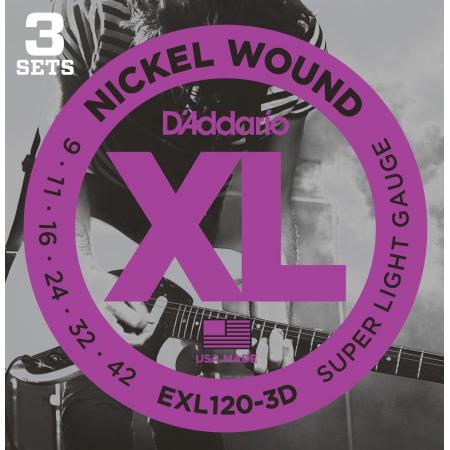 Cuerdas de Guitarra Eléctrica Daddario EXL120 XL Super Light (pack 3 juegos)