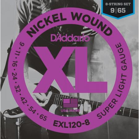 Cuerdas de Guitarra Eléctrica Daddario EXL120-8 nickel wound, 8-string, super light, [9-65]