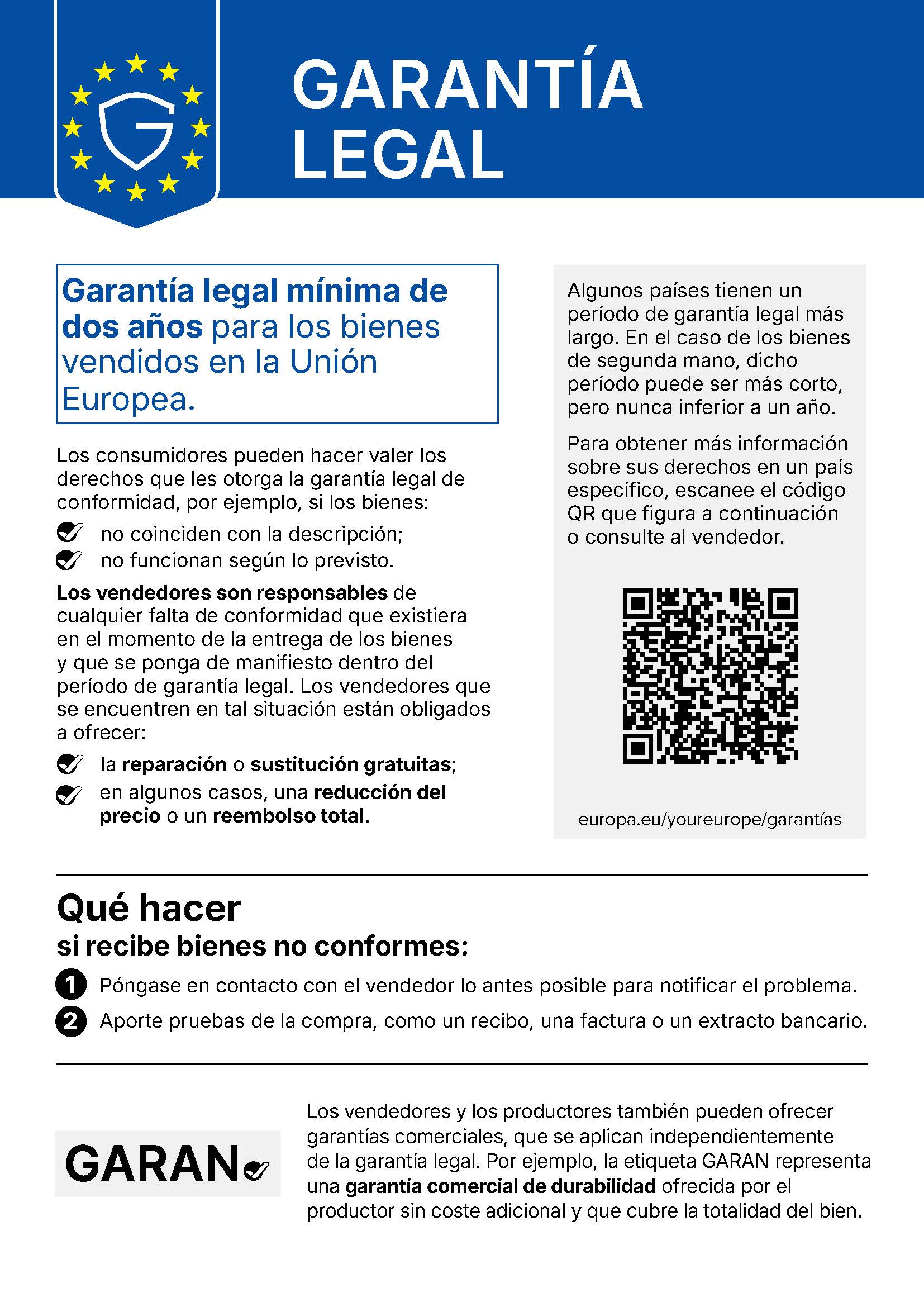 Aviso de garantía legal de la Unión Europea